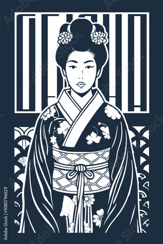 Monochromatic vector illustration showcasing a geisha in a floral kimono, her hair adorned with flowers, embodies japanese culture and tradition against a stylized backdrop with geometric patterns