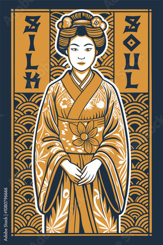 Stylish geisha in colorful kimono with floral patterns, embodying japanese grace and tradition against wave motifs, silk and soul