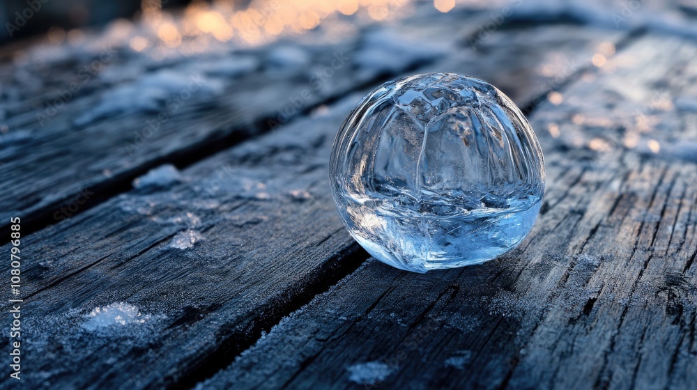 A glass object partially covered in ice drifts across a wooden surface A glass object partially covered in ice drifts across a wooden surface