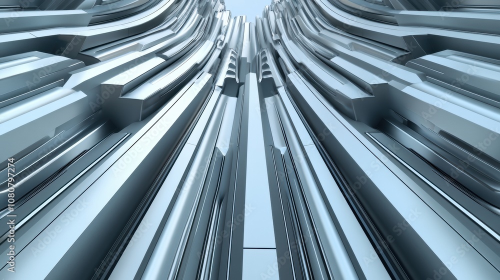 Obraz premium Futuristic metallic architecture with sleek, flowing lines reaching skyward, AI
