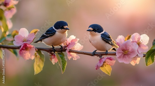 Two Black-capped Chickadees Perched on a Branch with Pink Blossoms photo