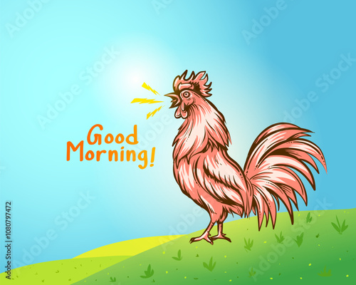 Vector illustration of a rooster wishing good morning. Good morning symbol during sunrise with cartoon rooster.