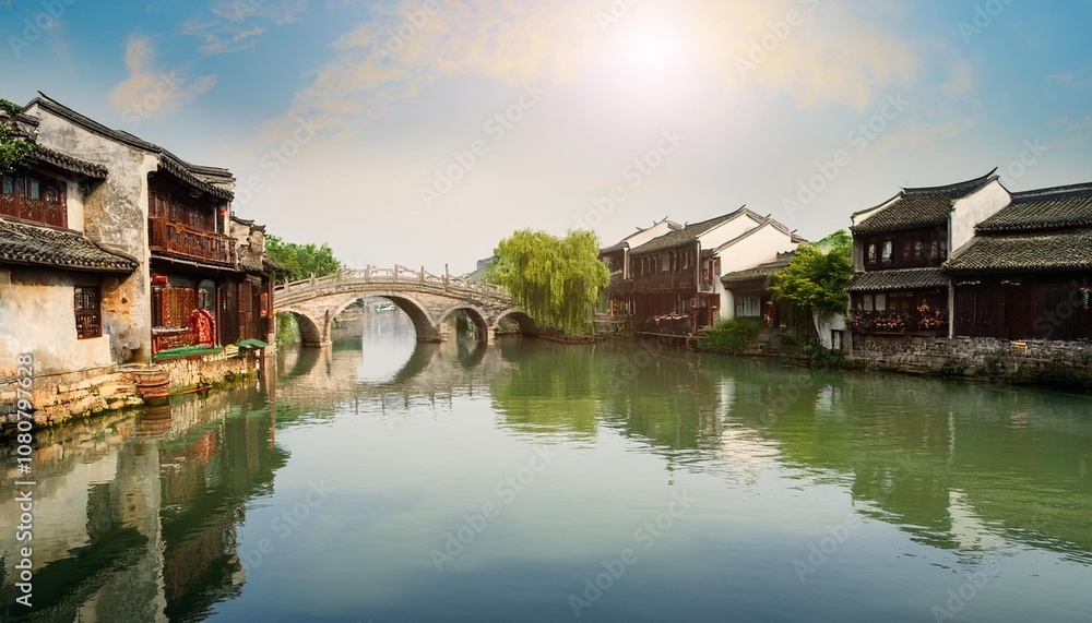 The Picturesque Water Town of Zhouzhuang in South China, Where Traditional Stone Bridges and Ancient Houses Overlook the Canals, Offering a Peaceful and Historical Waterscape The Picturesque Water Town of Zhouzhuang in South China, Where Traditional Stone Bridges and Ancient Houses Overlook the Canals, Offering a Peaceful and Historical Waterscape