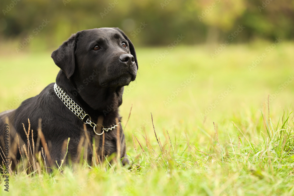 Adorable Labrador Retriever dog on green grass. Space for text Adorable Labrador Retriever dog on green grass. Space for text