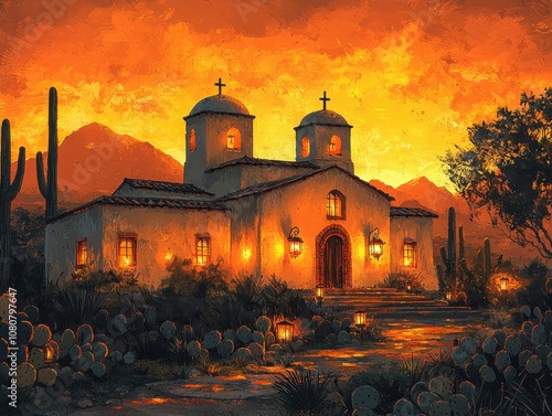 Experience the enchantment of a spanish mission-style church illuminated by glowing lanterns at sunset