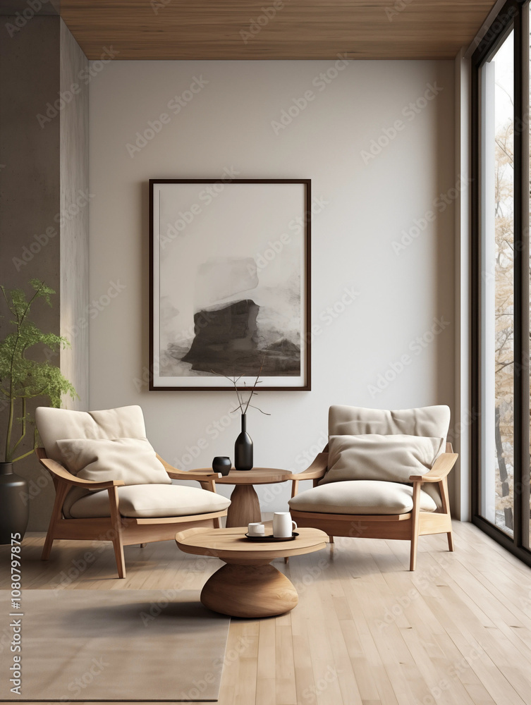 Fototapeta premium Minimalist Living Room Interior Design with Wooden Furniture and Beige Armchairs