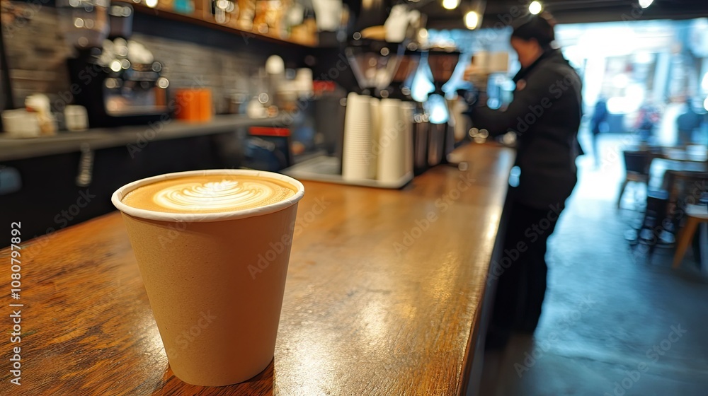 A paper cup of coffee on a caf counter, with the barista preparing orders in the background A paper cup of coffee on a caf counter, with the barista preparing orders in the background