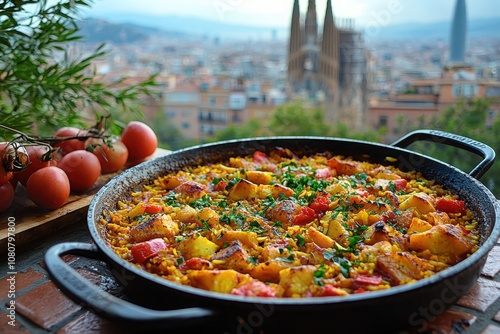 Discover the rich flavors of spanish paella with a breathtaking view of sagrada familia