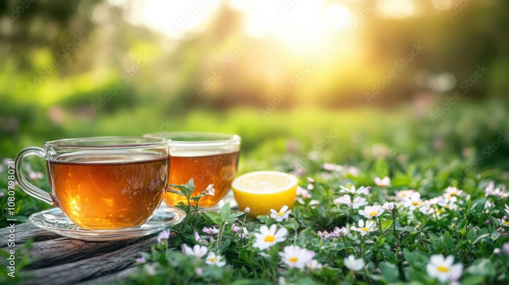 Refreshing Herbal Tea with Lemon Surrounded by Nature's Blooms Refreshing Herbal Tea with Lemon Surrounded by Nature's Blooms