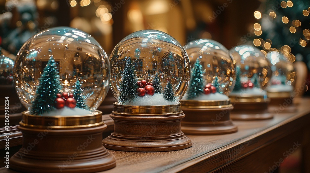 Festive snow globes with christmas trees and red ornaments on wooden shelf Festive snow globes with christmas trees and red ornaments on wooden shelf