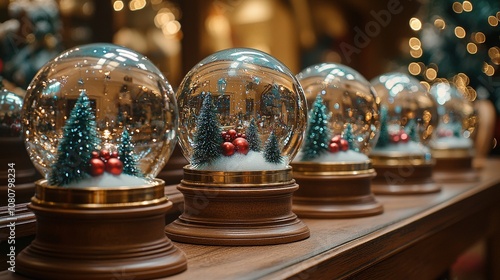Festive snow globes with christmas trees and red ornaments on wooden shelf