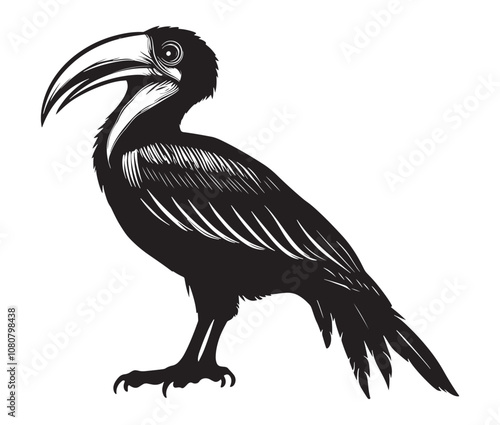 Hornbill bird isolated on white background, Silhouette of a hornbill animal bird vector