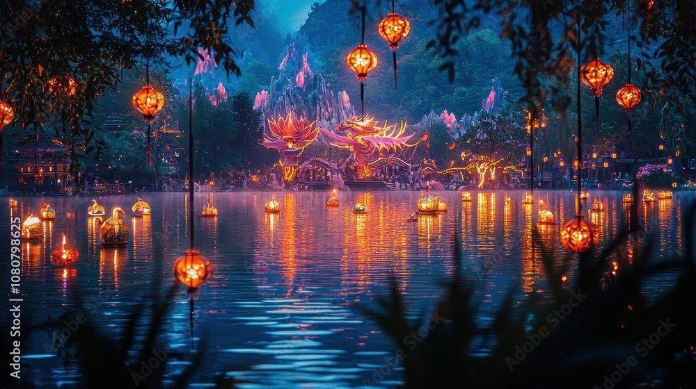 Obraz premium A crystal-clear image of a magical lake with dragon lanterns floating and reflecting on the water The details of the colors and reflections add to the enchanting quality of the scene A peaceful 