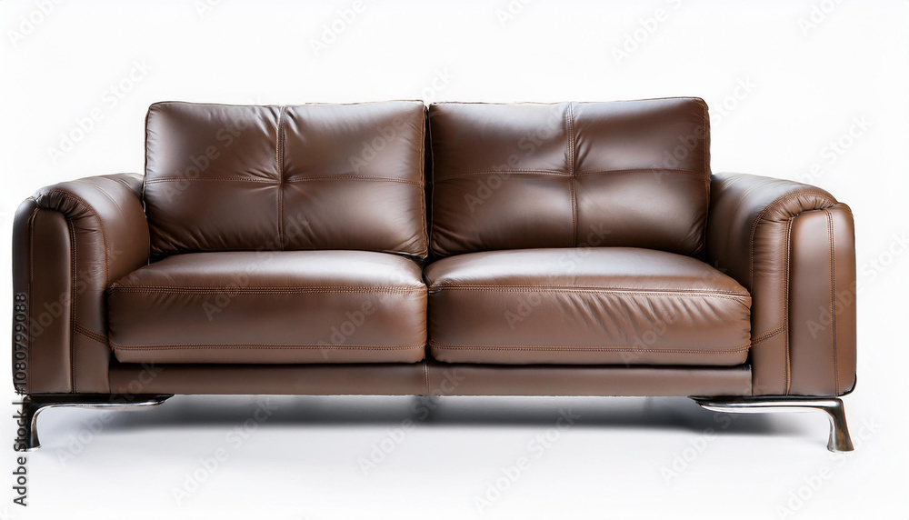 Dark brown leather 2 seater designer sofa with metal legs, isolated on white, furniture series Dark brown leather 2 seater designer sofa with metal legs, isolated on white, furniture series