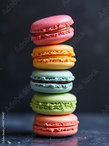 Stack of Rainbow Macarons on Dark Background photo