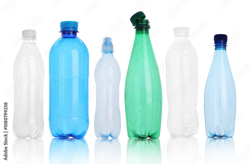 Many different plastic bottles on white background Many different plastic bottles on white background