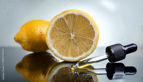 cosmetic glass pipette filled with serum based on lemon oil, a cosmetic for facial skin care lies on the mirror. drops of the product. photo