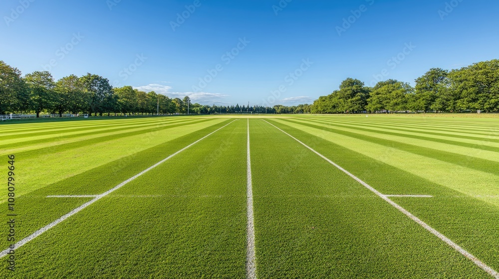 Obraz premium Close-up of an empty pitch on a well-maintained cricket field with crisp lines and boundary markers in the distance, under a clear sky.