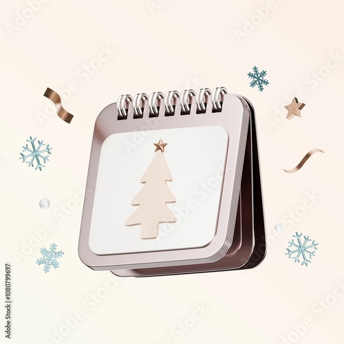 3D illustration of a calendar with a Christmas tree design surrounded by snowflakes and ribbons