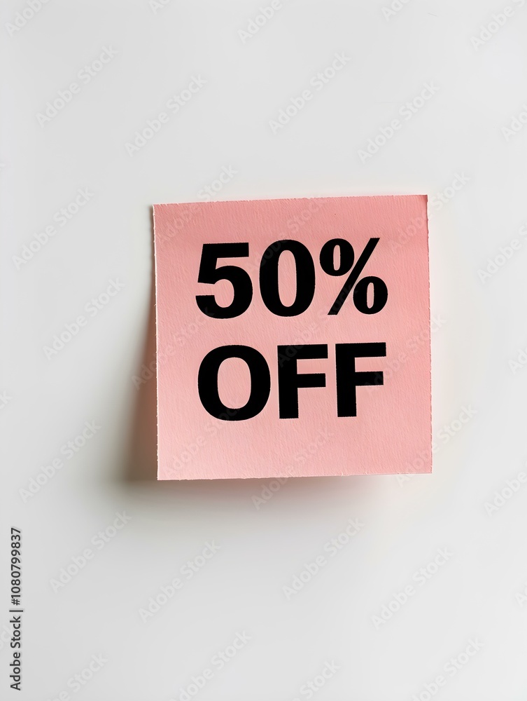 Black '50% OFF' Text on a Rose Gold Square Paper Note. White Background Black '50% OFF' Text on a Rose Gold Square Paper Note. White Background