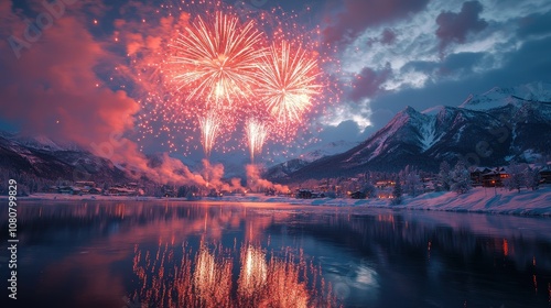 A detailed close-up of sparkling fireworks bursting over a quiet snowy mountain range The intricate colors and reflections on the snow create a serene yet powerful scene A visually stunning  photo