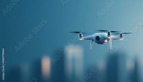 Drone flying over a city skyline during twilight hours capturing stunning aerial views photo