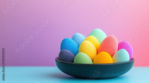 Brightly colored makeup sponges in a bowl, arranged like a rainbow, against a simple backdrop photo