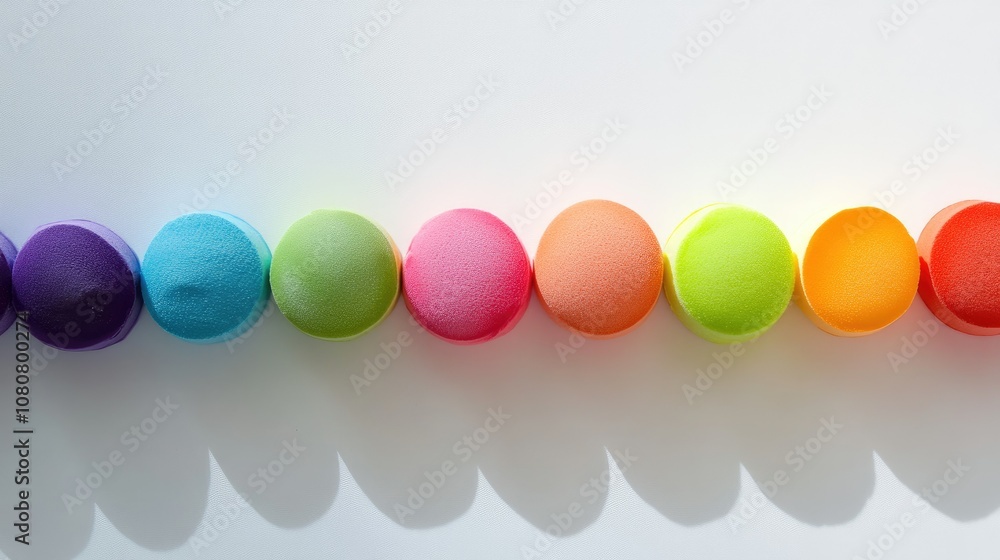 Bright and colorful makeup sponges in an ombr rainbow order, lying flat on a smooth surface Bright and colorful makeup sponges in an ombr rainbow order, lying flat on a smooth surface