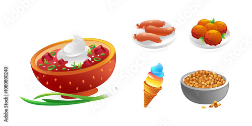 Set of food icons lunch, borscht, sausages, cutlets, buckwheat porridge, ice cream, realistic in 3d style.