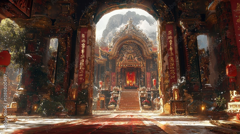 Obraz premium A detailed shot of a grand temple entrance decorated with dragon motifs and red lanterns The fine details of the carvings and colors create a rich, welcoming atmosphere A high-quality scene