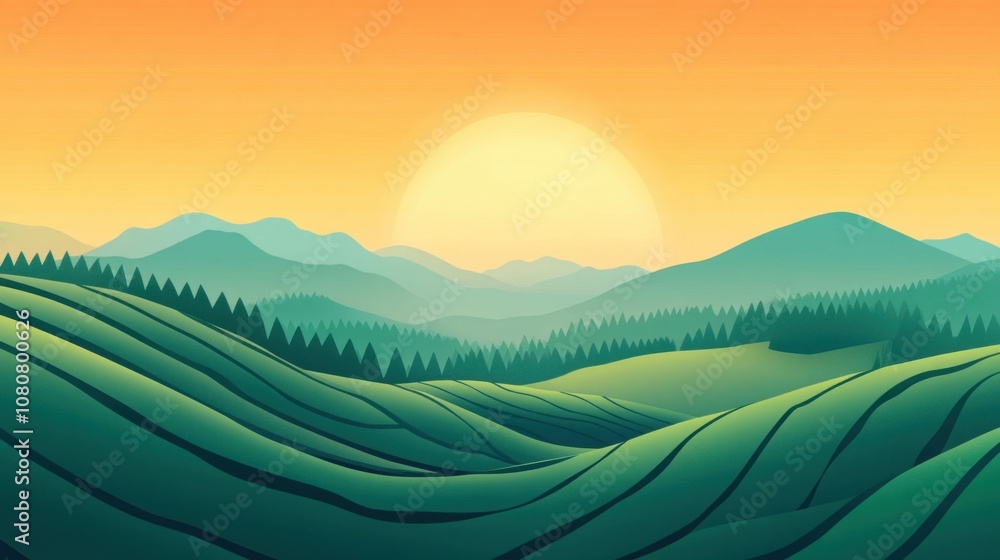 Warm Sunset Over Lush Tea Plantation Landscape Warm Sunset Over Lush Tea Plantation Landscape