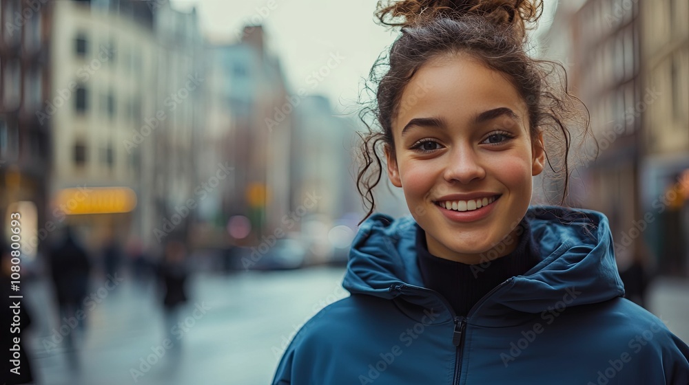 Smiling Woman in a Blue Hoodie Standing in an Urban Setting Smiling Woman in a Blue Hoodie Standing in an Urban Setting