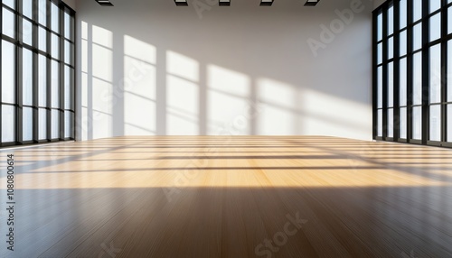 Spacious empty studio with wooden flooring and sunlight streaming through large windows