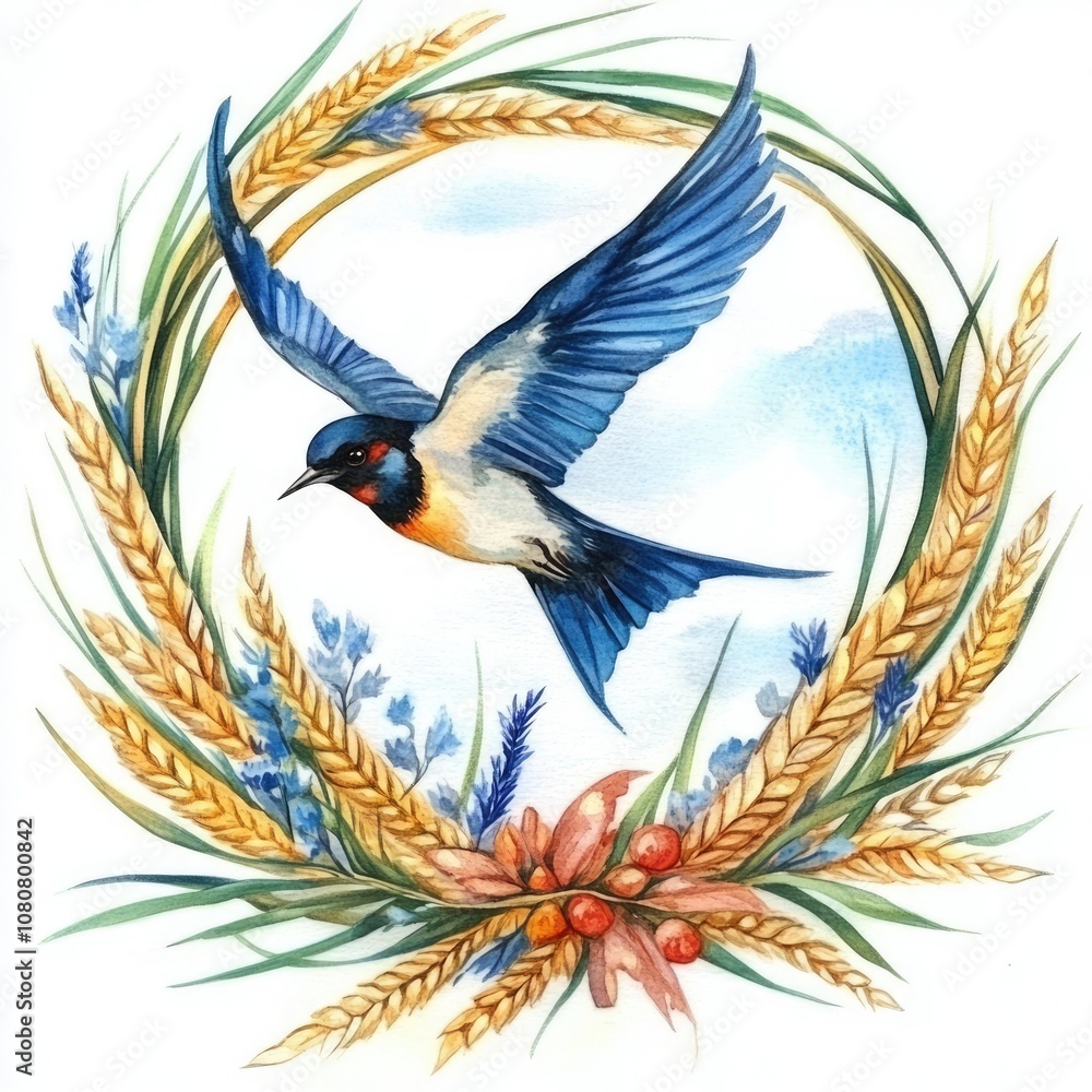 Fototapeta premium Ukrainian Wheat Swallow Chaplet: Watercolor Illustration of Symbolic Flight