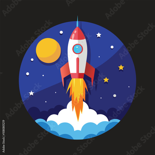 A futuristic vector logo featuring a rocket ship blasting off into space