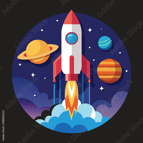 A futuristic vector logo featuring a rocket ship blasting off into space