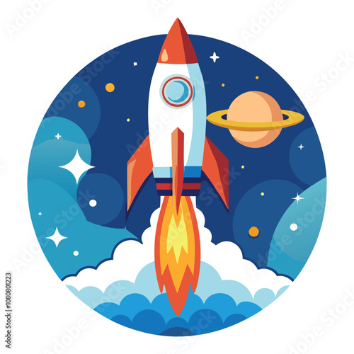 A futuristic vector logo featuring a rocket ship blasting off into space