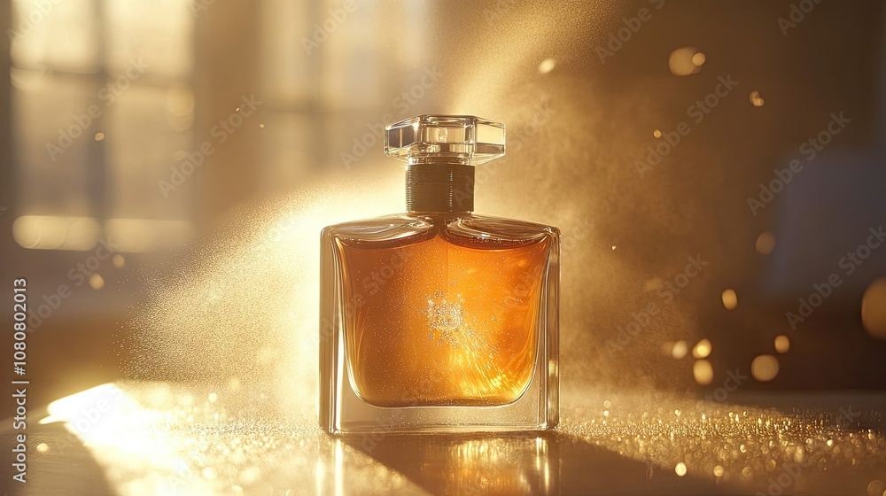 Classic perfume bottle spraying a fine mist, capturing the essence of elegance with golden light Classic perfume bottle spraying a fine mist, capturing the essence of elegance with golden light