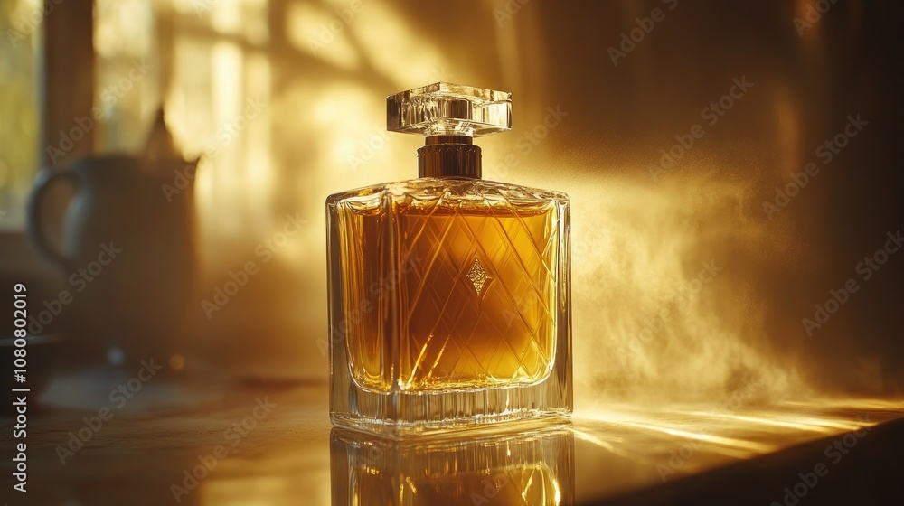 Classic perfume bottle spraying a fine mist, capturing the essence of elegance with golden light Classic perfume bottle spraying a fine mist, capturing the essence of elegance with golden light
