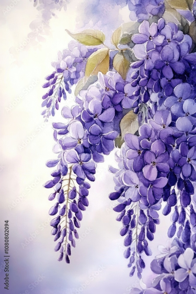 Fototapeta premium Watercolor Wisteria Blossom Botanical Illustration on Decorative Greeting Card Background