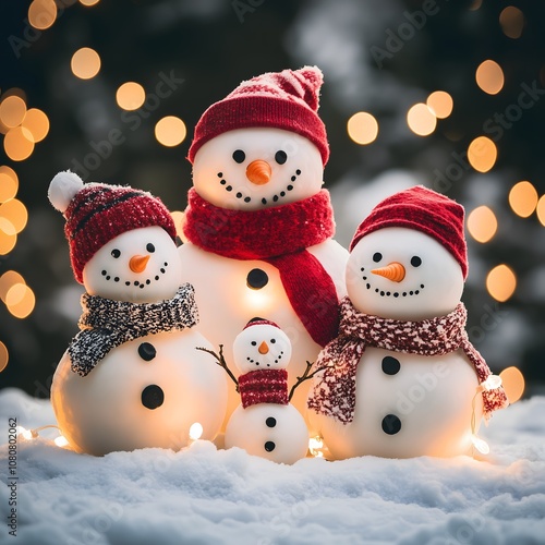 Festive family of snowmen with cozy winter hats and scarves, surrounded by Christmas lights, joyful holiday scene in snowy setting, heartwarming Christmas and New Year celebration, winter wonderland  photo