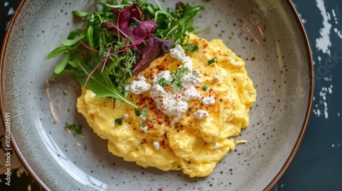 Saffron infused scrambled eggs topped with creamy goat cheese photo