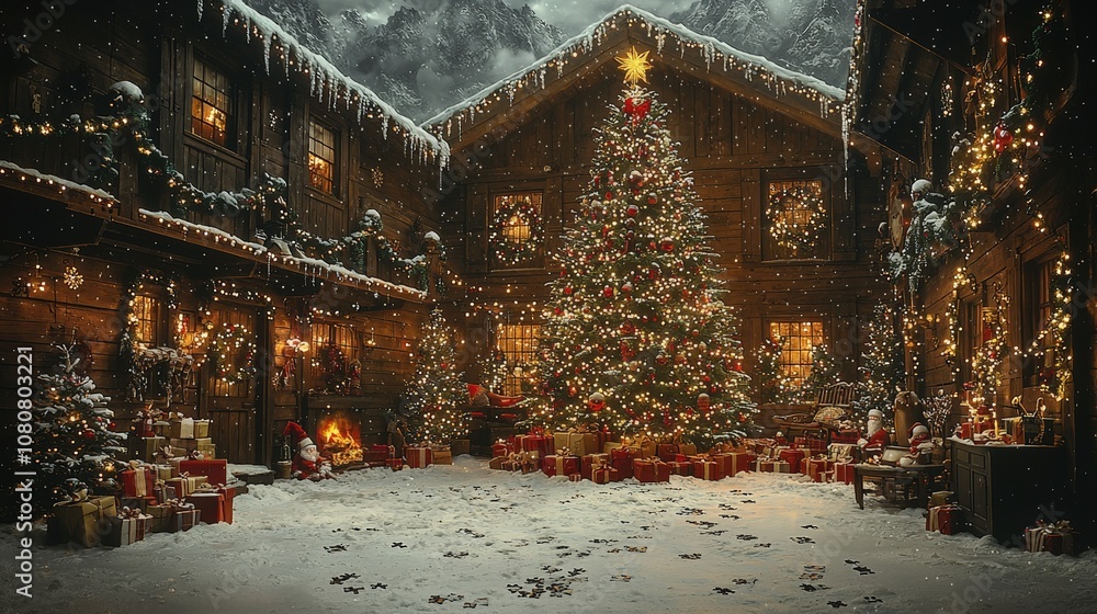 Fototapeta premium Enchanting winter scene with festive christmas tree in snowy alpine village courtyard