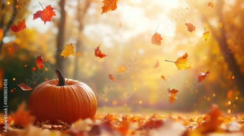 Vibrant autumn scene featuring pumpkins with a blurred backdrop of falling leaves in a colorful forest Ideal for seasonal promotions and marketing materials with copy space photo