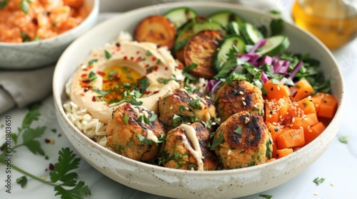 A bowl of rice, hummus, meatballs, roasted sweet potato, cucumber, and red cabbage.