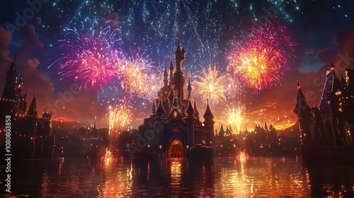 A stunning fireworks display over a fairytale castle with intricate architectural details captured in high resolution The vibrant colors of the fireworks create a magical and enchanting scene  photo