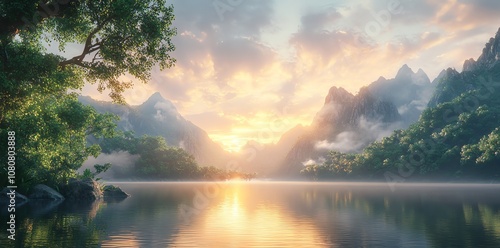 Tranquil sunrise over a mountain lake with lush forest and mist.