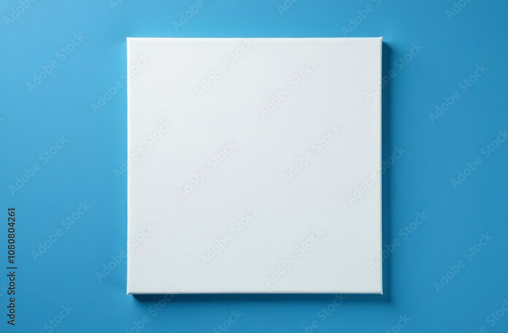 A blank canvas rests against a bright blue wall, ready for artistic inspiration and creative endeavors A blank canvas rests against a bright blue wall, ready for artistic inspiration and creative endeavors