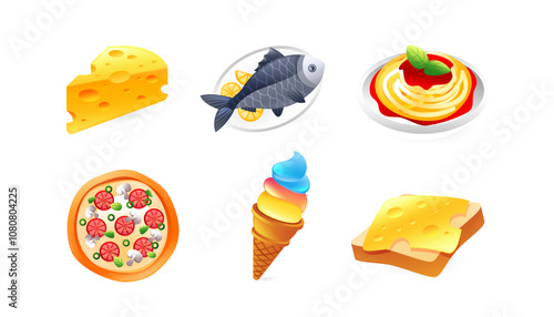 Set of italian food icons, pasta, fish, cheese, pizza, ice cream, toast with cheese, realistic in 3d style.