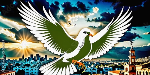 The white dove of peace flies over the ruined city. photo